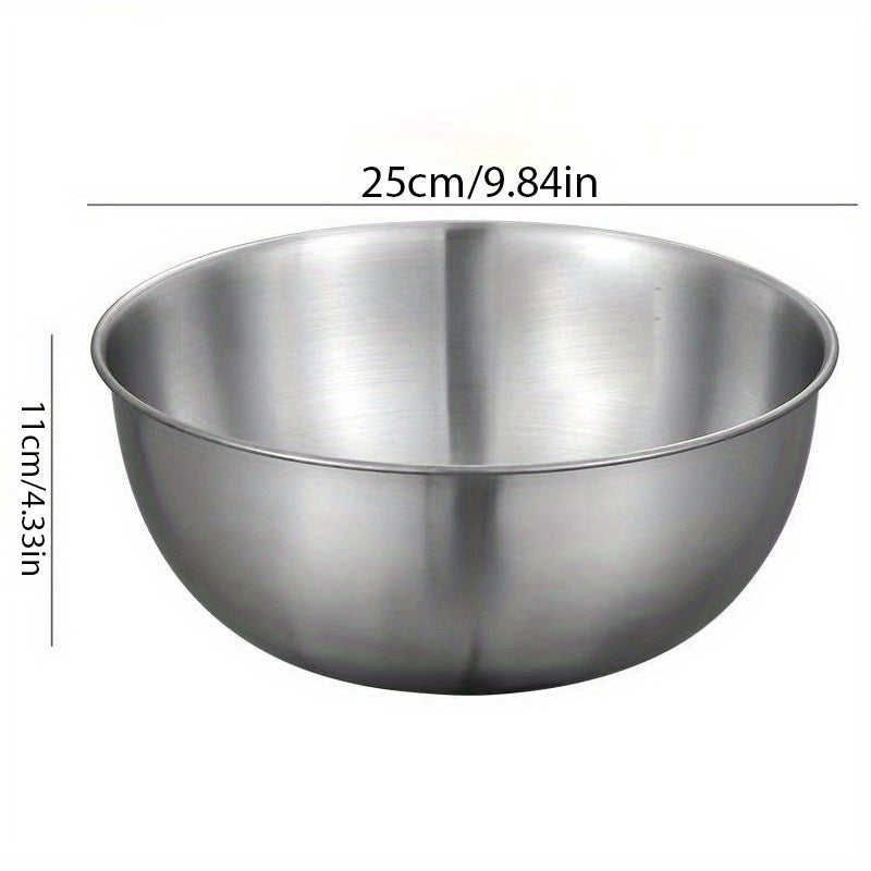 Set of 3 durable stainless steel mixing bowls for easy kitchen prep and storage.