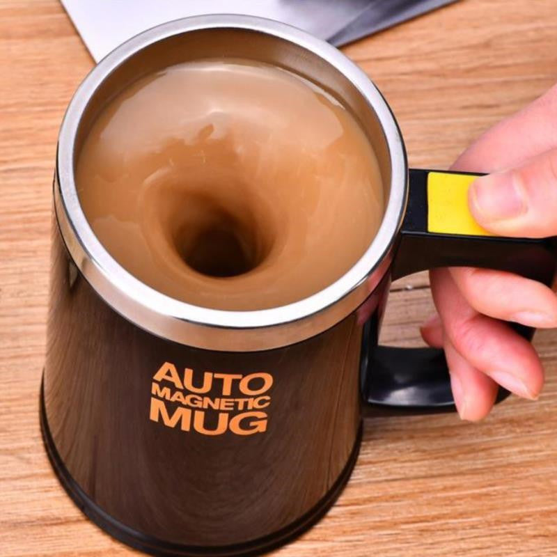 Self-stirring smart mug with magnetic stirring rod.