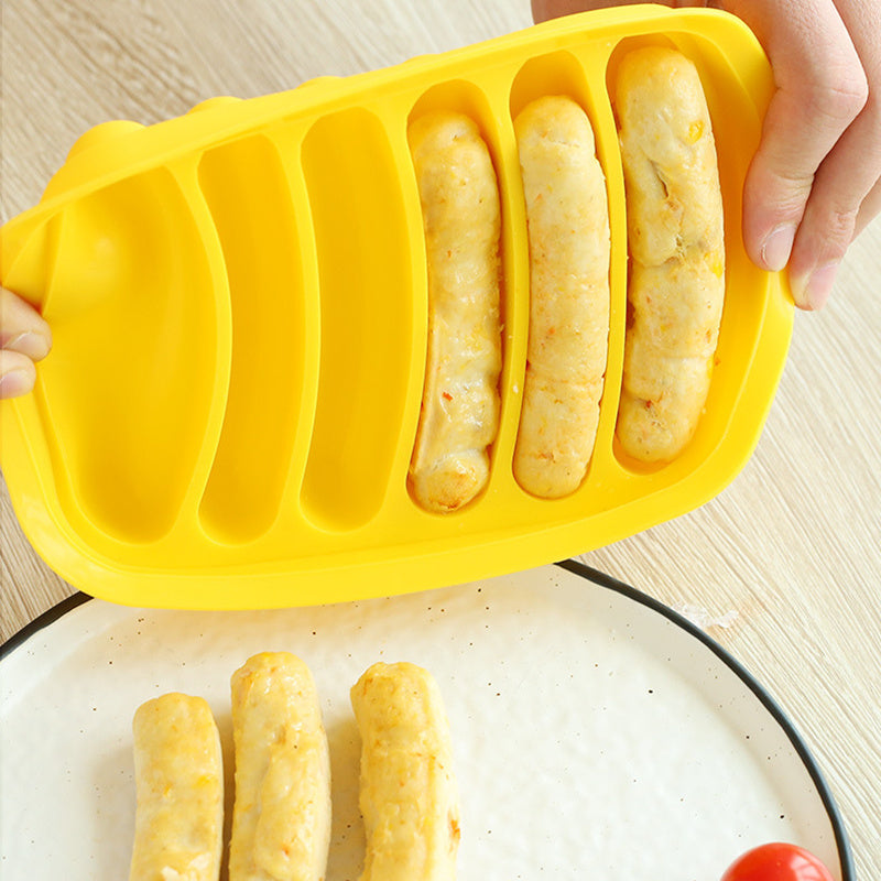 Silicone Sausage Maker with 6 Cavities and Lid - Simple to Use for Pressing and Stuffing, Non-Stick, Can be Washed in Dishwasher - Great for DIY Hot Dogs, Cakes & Other Treats - Essential Baking Utensil for the Kitchen