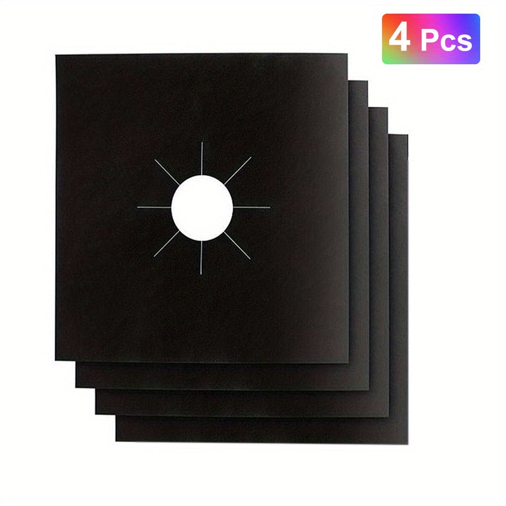 Set of 4 or 8 pieces of Stove Burner Covers in black color, measuring 10.6 inches by 10.6 inches. Made of 0.2mm double thickness material, these gas stove protectors are reusable, non-stick, and easy to clean. They are also BPA free and perfect for