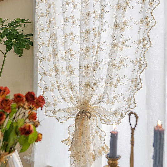 Vintage Floral Embroidery Short Sheer Curtain in Beige for Kitchen, Living Room, Bedroom, Bathroom, Office - Lace Design for Window Treatment and Home Decor