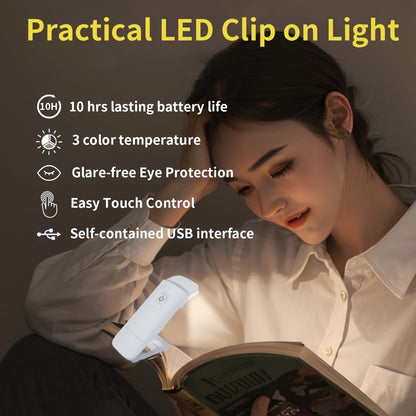 A rechargeable LED clip-on book light with adjustable brightness, eye-protection, and portable USB-powered design for reading in the bedroom or at the desk.