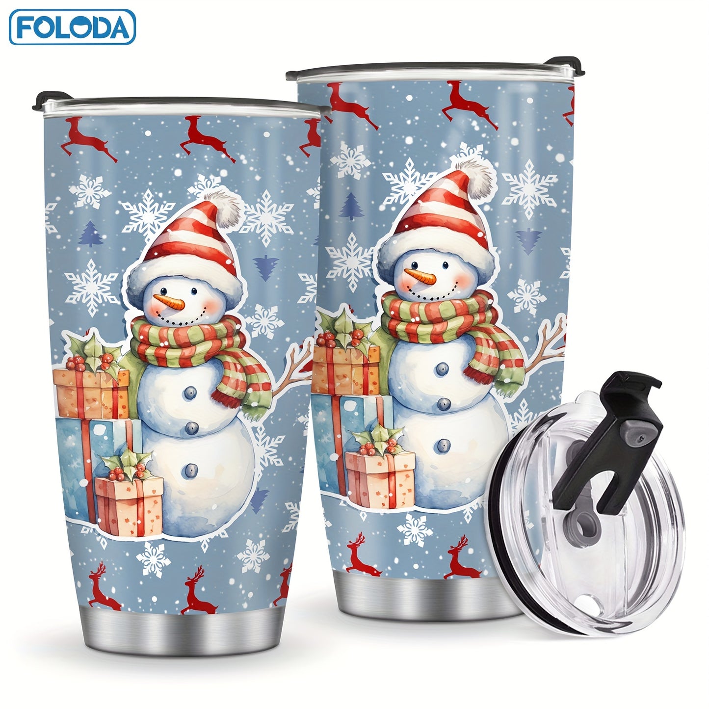 1pc 20oz Foloda Stainless Steel Insulated Tumbler featuring Christmas Santa Claus and Red Truck design. Oval shape, hand wash only, PVC free. Perfect for running and holiday gifts. Merry Christmas Patterns Travel Mug.