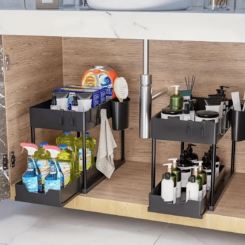 Under Sink Organizer with Sliding Drawer, 2-Tier Cabinet Basket, Hooks, and Storage Cup - Ideal for Bathroom or Kitchen Storage