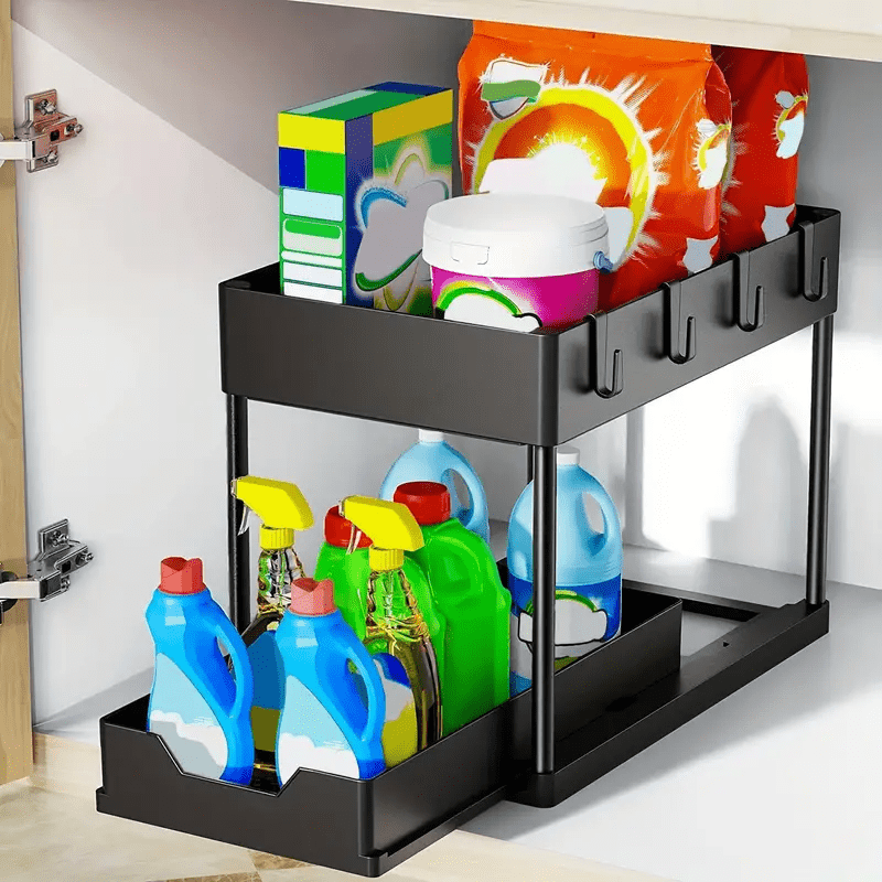 Under Sink Organizer with Sliding Drawer, 2-Tier Cabinet Basket, Hooks, and Storage Cup - Ideal for Bathroom or Kitchen Storage