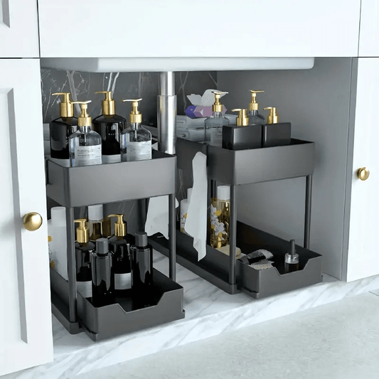 Under Sink Organizer with Sliding Drawer, 2-Tier Cabinet Basket, Hooks, and Storage Cup - Ideal for Bathroom or Kitchen Storage