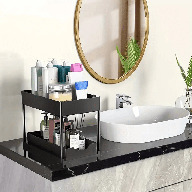 Under Sink Organizer with Sliding Drawer, 2-Tier Cabinet Basket, Hooks, and Storage Cup - Ideal for Bathroom or Kitchen Storage