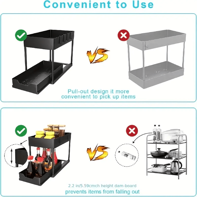 Under Sink Organizer with Sliding Drawer, 2-Tier Cabinet Basket, Hooks, and Storage Cup - Ideal for Bathroom or Kitchen Storage