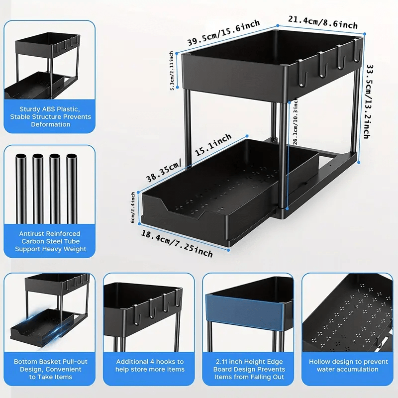 Under Sink Organizer with Sliding Drawer, 2-Tier Cabinet Basket, Hooks, and Storage Cup - Ideal for Bathroom or Kitchen Storage