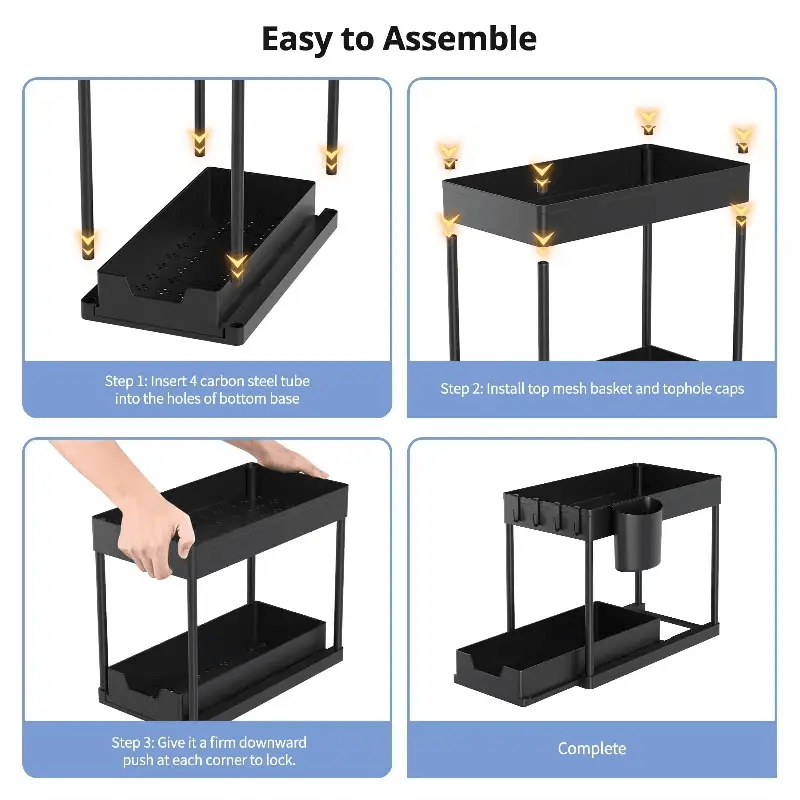 Under Sink Organizer with Sliding Drawer, 2-Tier Cabinet Basket, Hooks, and Storage Cup - Ideal for Bathroom or Kitchen Storage