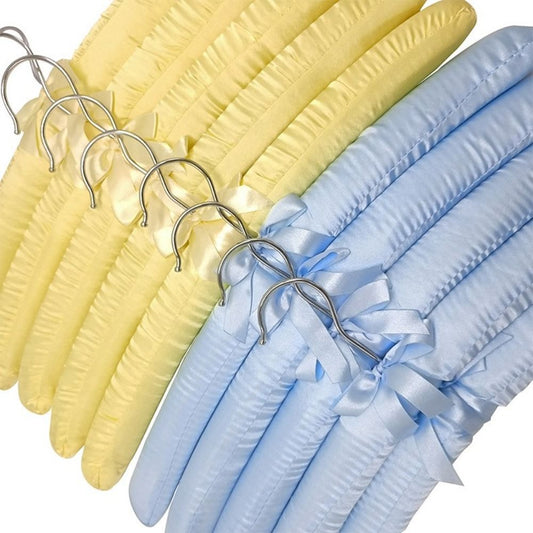 10 satin padded clothes hangers for displaying and organizing your wardrobe in the bedroom, closet, or clothing store. Perfect for keeping your clothes neat and wrinkle-free. Ideal for home, dorm, or wardrobe organization.