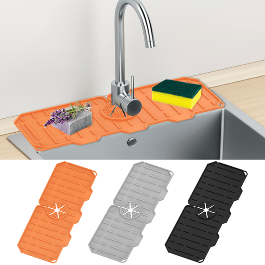 Folding Silicone Faucet Splash Guard and Sponge Holder - Protects Kitchen and Bathroom Countertops with a Convenient Mat