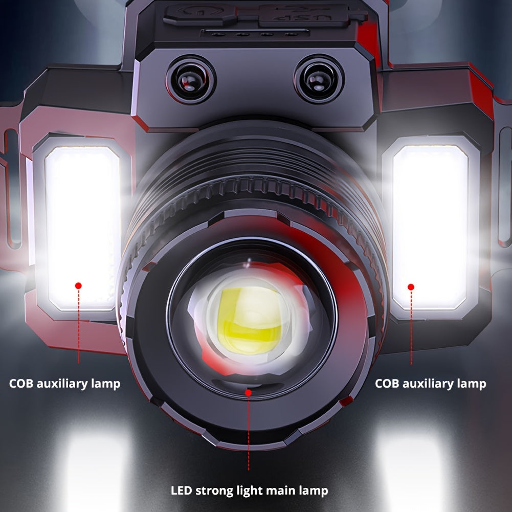 LED Induction Headlamp for outdoor activities, rechargeable and sensor-operated.