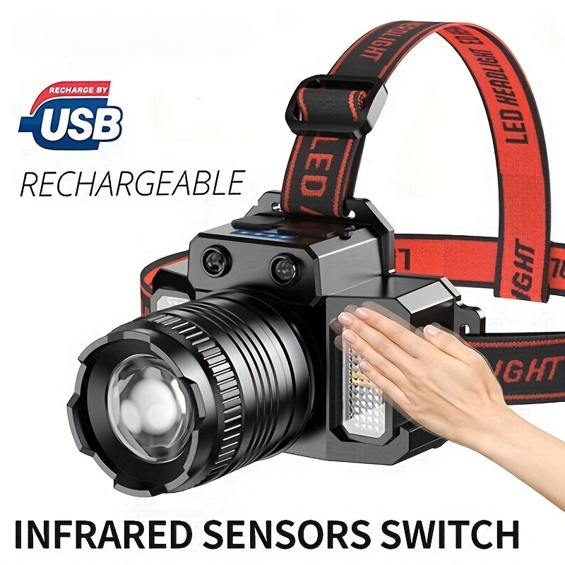 LED Induction Headlamp for outdoor activities, rechargeable and sensor-operated.