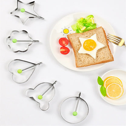 Set of 5 stainless steel egg molds designed for frying, featuring non-stick rings with handles in various shapes to easily make omelets and pancakes for breakfast. A versatile cooking tool for the kitchen.