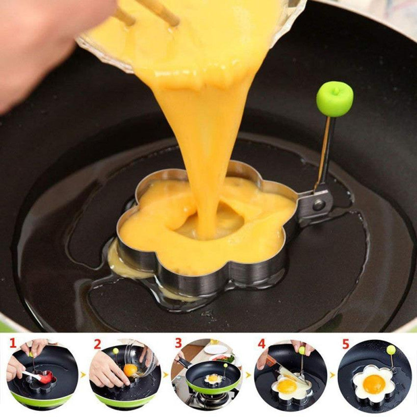 Set of 5 stainless steel egg molds designed for frying, featuring non-stick rings with handles in various shapes to easily make omelets and pancakes for breakfast. A versatile cooking tool for the kitchen.