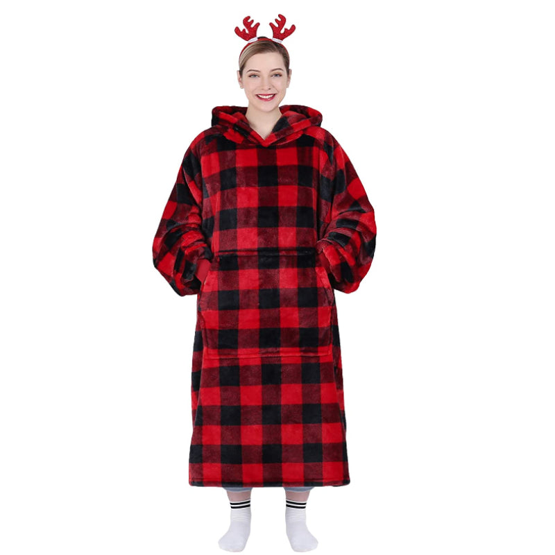 Stay warm and cozy this fall and winter with our 1pc Cozy Giant Plaid Fleece Hoodie Blanket featuring adorable reindeer antlers. This ultra-warm, oversized red and black flannel sweatshirt is perfect for both men and women, and is machine washable for