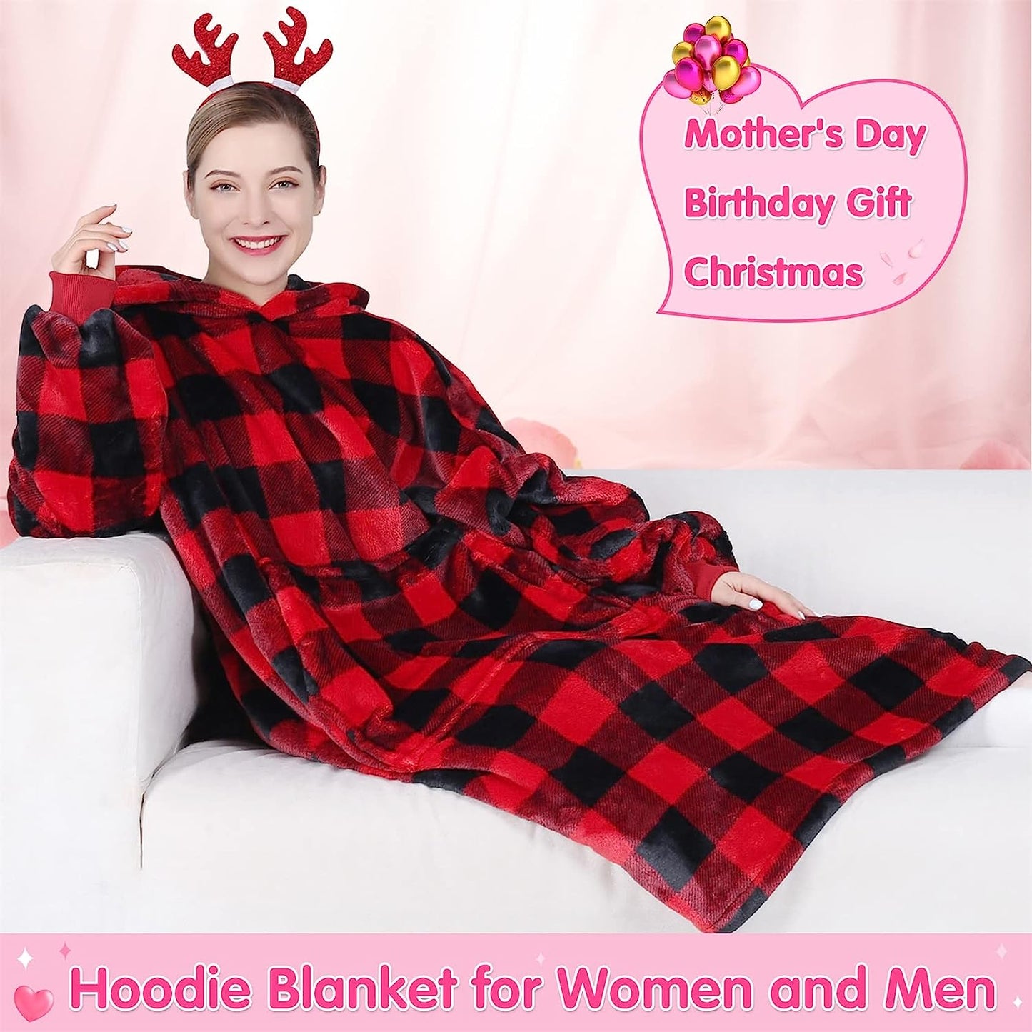 Stay warm and cozy this fall and winter with our 1pc Cozy Giant Plaid Fleece Hoodie Blanket featuring adorable reindeer antlers. This ultra-warm, oversized red and black flannel sweatshirt is perfect for both men and women, and is machine washable for