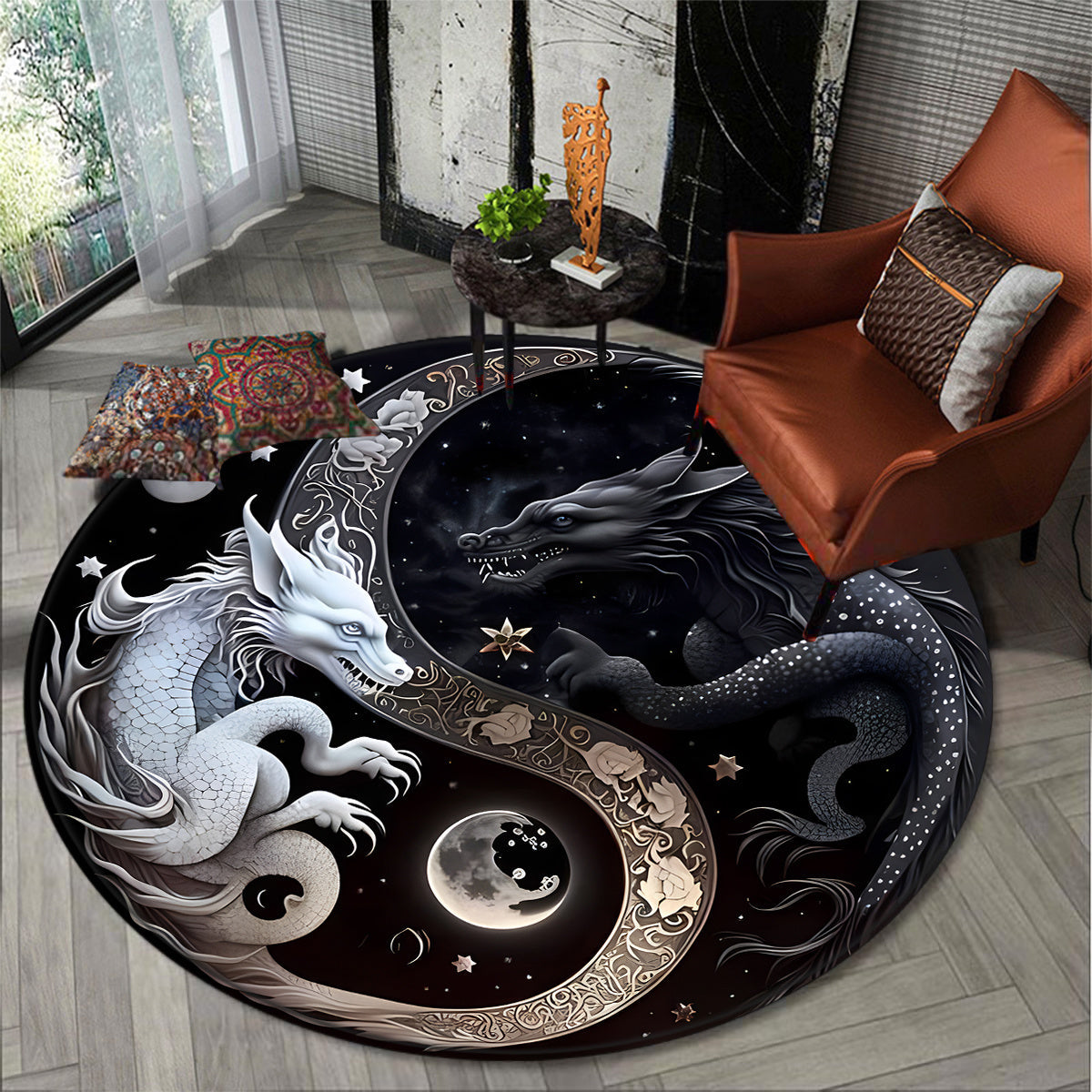 Premium Dragon Design Round Rug Doormat for Home, Hotel, and Living Room - Non-Slip Floor Mat with Anti-Slip Backing, Easy to Machine Wash