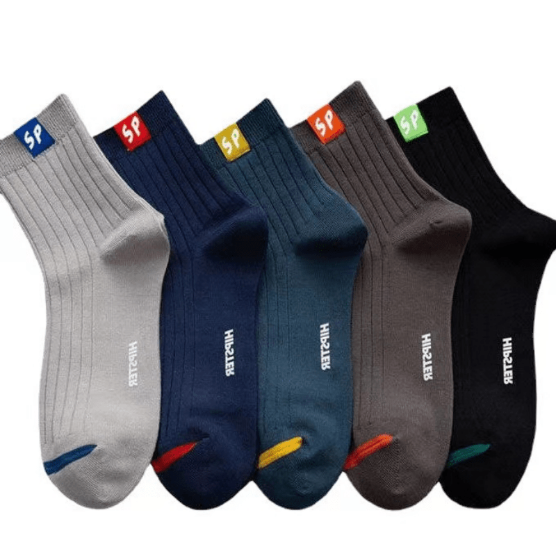 5 pieces of men's mid-calf athletic socks with "SPORT" motif in assorted colors. Made of polyester, hand wash only, suitable for athletic wear. Durable and cute patterned socks.