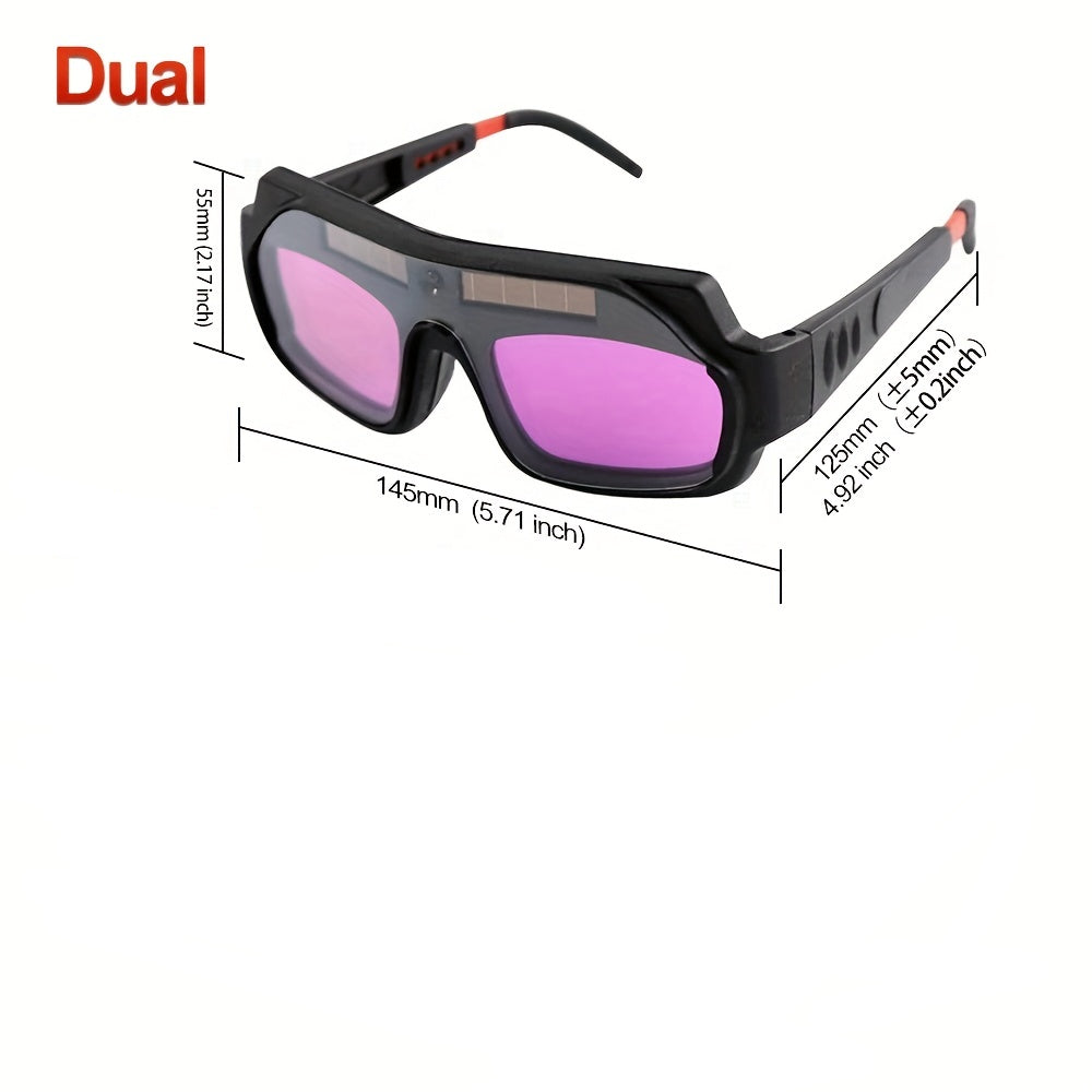 1 Set of Auto Darkening Welding Glasses with Protective Film, Solar Powered, suitable for TIG, MIG, ARC, Grinding, and Plasma welding. Features Anti-Eyes Shield, Storage Box, and Cleaning