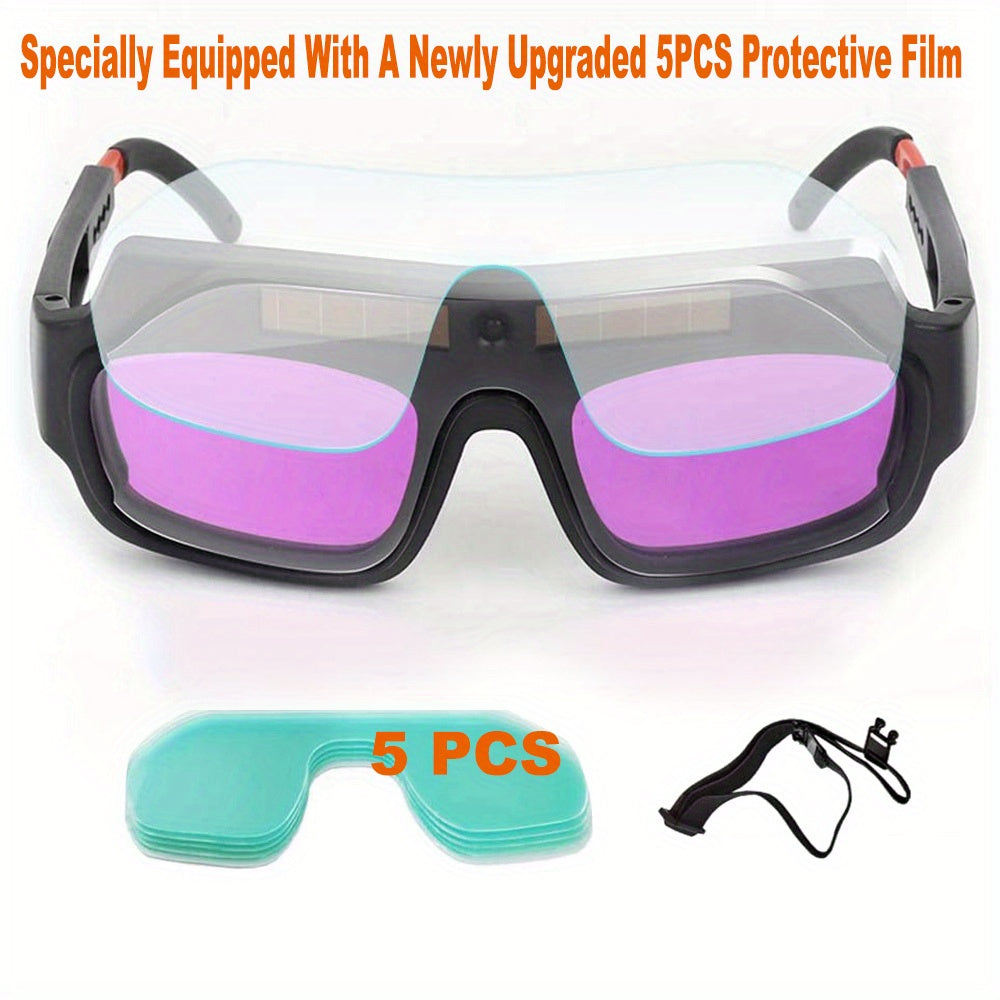 1 Set of Auto Darkening Welding Glasses with Protective Film, Solar Powered, suitable for TIG, MIG, ARC, Grinding, and Plasma welding. Features Anti-Eyes Shield, Storage Box, and Cleaning