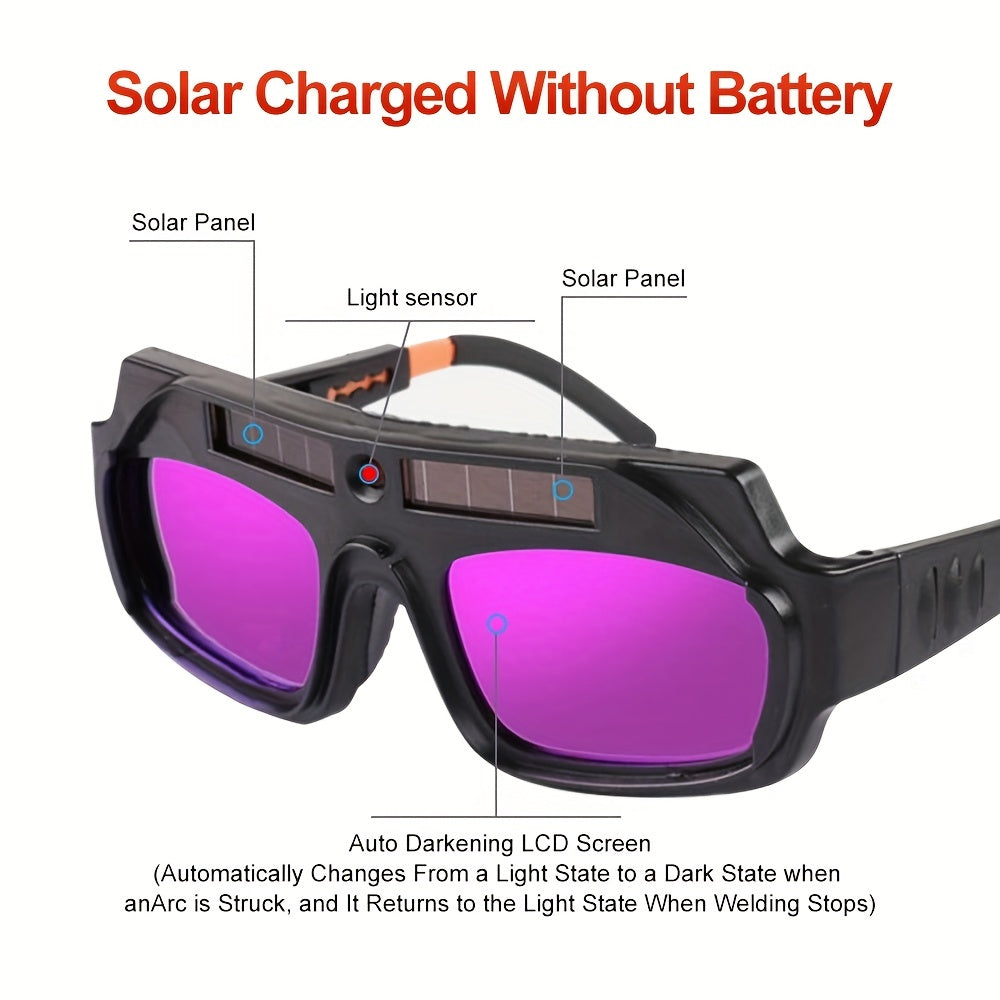 1 Set of Auto Darkening Welding Glasses with Protective Film, Solar Powered, suitable for TIG, MIG, ARC, Grinding, and Plasma welding. Features Anti-Eyes Shield, Storage Box, and Cleaning