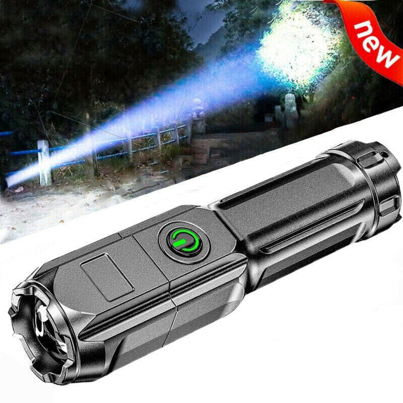 Zoomable flashlight with compact design, USB rechargeable, ideal for outdoor and home use with a powerful 800mAh battery.