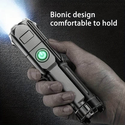 Zoomable flashlight with compact design, USB rechargeable, ideal for outdoor and home use with a powerful 800mAh battery.