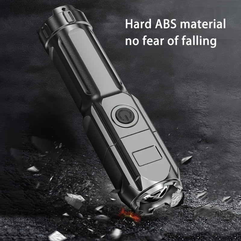 Zoomable flashlight with compact design, USB rechargeable, ideal for outdoor and home use with a powerful 800mAh battery.