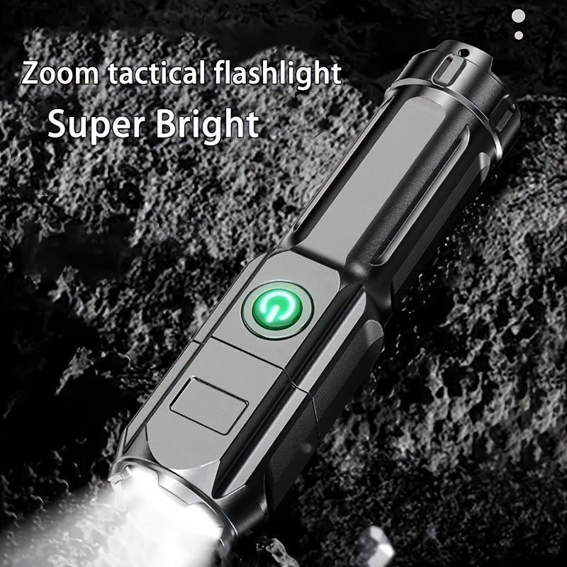 Zoomable flashlight with compact design, USB rechargeable, ideal for outdoor and home use with a powerful 800mAh battery.