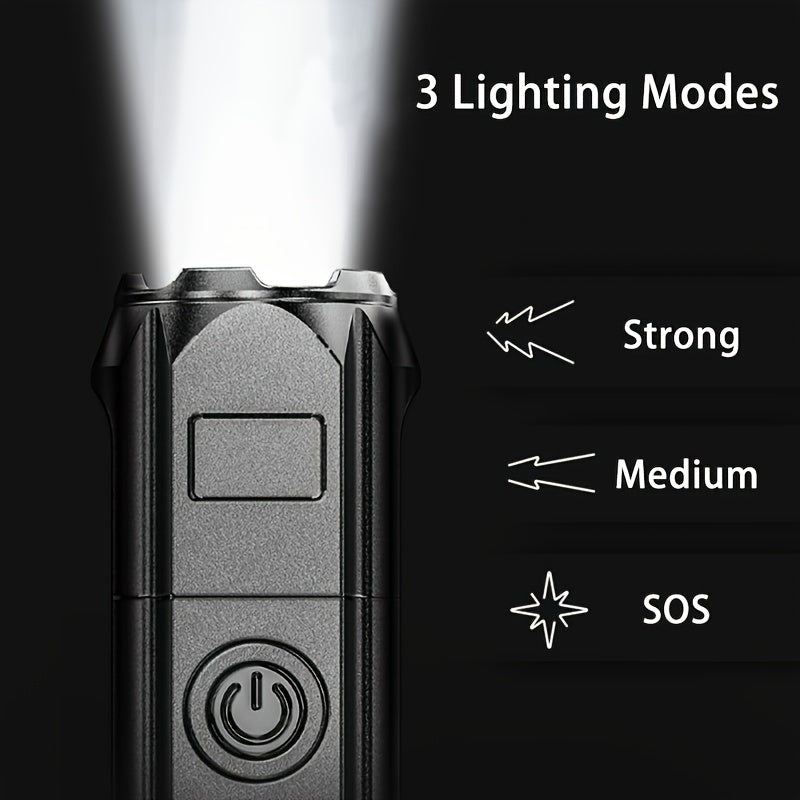 Zoomable flashlight with compact design, USB rechargeable, ideal for outdoor and home use with a powerful 800mAh battery.