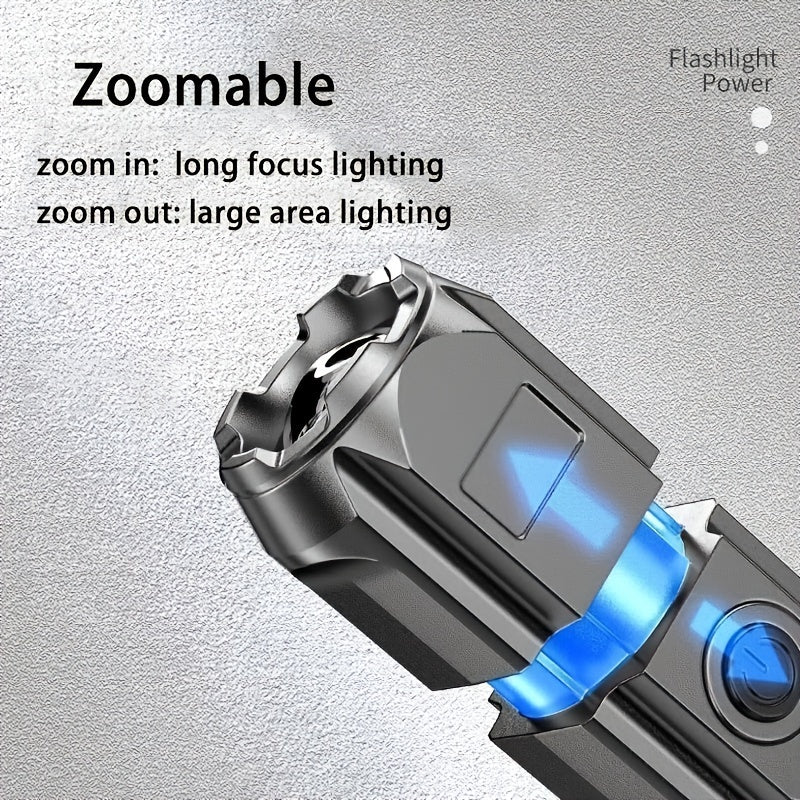 Zoomable flashlight with compact design, USB rechargeable, ideal for outdoor and home use with a powerful 800mAh battery.