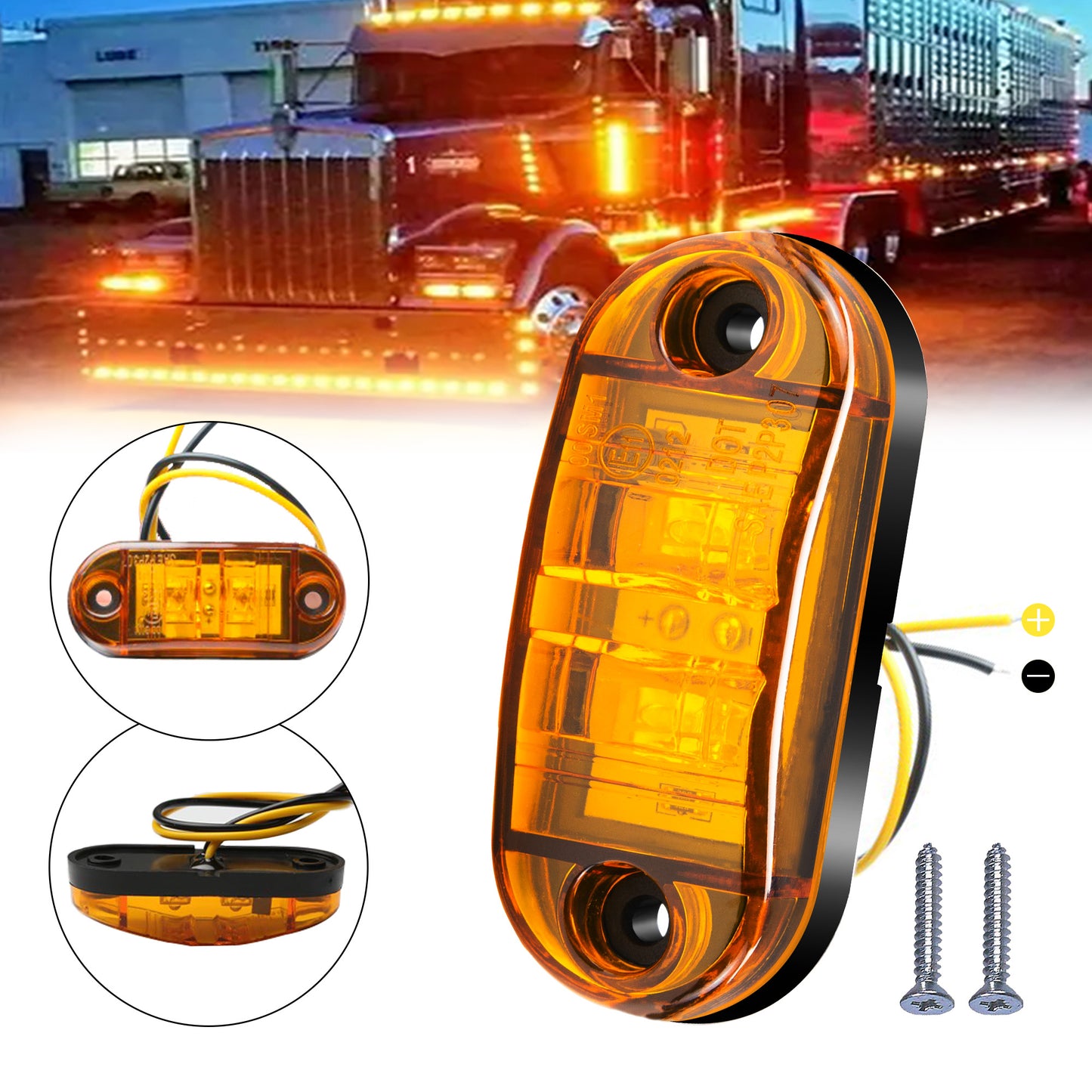 10 Universal LED marker lights for trucks, RVs, and other vehicles, with amber/red/white indicator bulbs, rear placement, and hard wiring. Operating on 12V-24V without a battery.