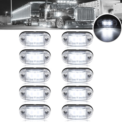 10 Universal LED marker lights for trucks, RVs, and other vehicles, with amber/red/white indicator bulbs, rear placement, and hard wiring. Operating on 12V-24V without a battery.