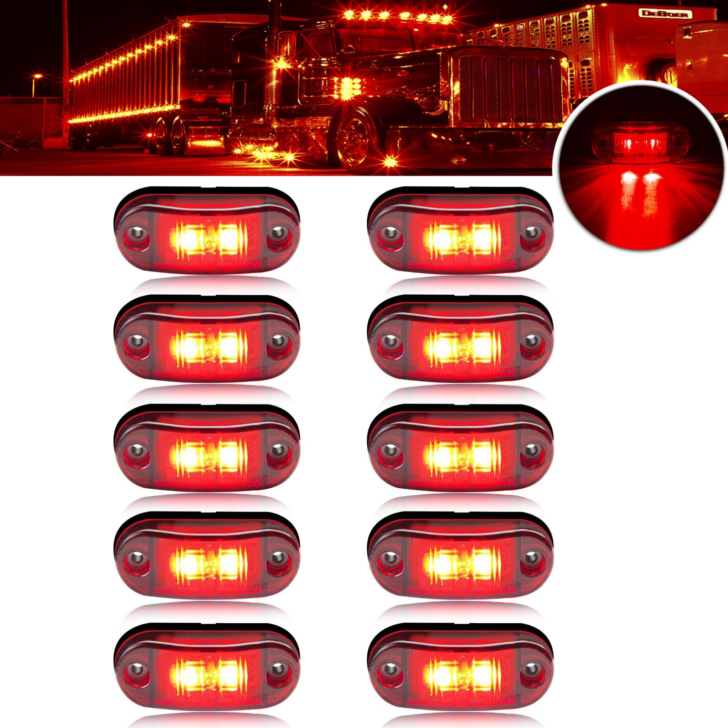 10 Universal LED marker lights for trucks, RVs, and other vehicles, with amber/red/white indicator bulbs, rear placement, and hard wiring. Operating on 12V-24V without a battery.