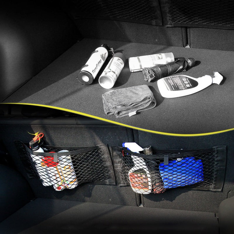 Universal auto organizer with practical storage pockets and elastic mesh trunk seat back.