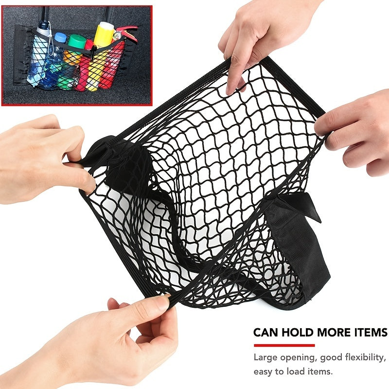 Universal auto organizer with practical storage pockets and elastic mesh trunk seat back.