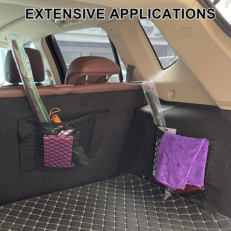 Universal auto organizer with practical storage pockets and elastic mesh trunk seat back.