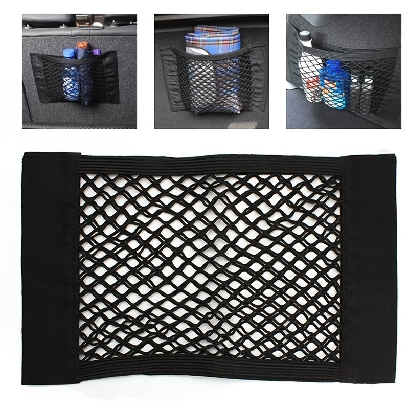 Universal auto organizer with practical storage pockets and elastic mesh trunk seat back.