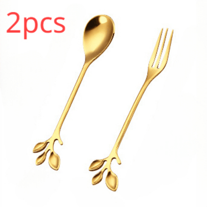 Elegant Stainless Steel Cutlery Set with Leaf Design Stirring Spoons, Honey Spoon, and Branch Handle Dessert Spoons - Durable and Stylish Utensils for Tea, Desserts, and Mixing Drinks