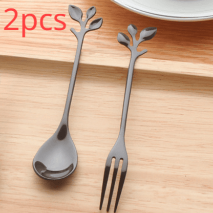 Elegant Stainless Steel Cutlery Set with Leaf Design Stirring Spoons, Honey Spoon, and Branch Handle Dessert Spoons - Durable and Stylish Utensils for Tea, Desserts, and Mixing Drinks