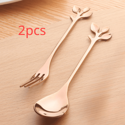 Elegant Stainless Steel Cutlery Set with Leaf Design Stirring Spoons, Honey Spoon, and Branch Handle Dessert Spoons - Durable and Stylish Utensils for Tea, Desserts, and Mixing Drinks