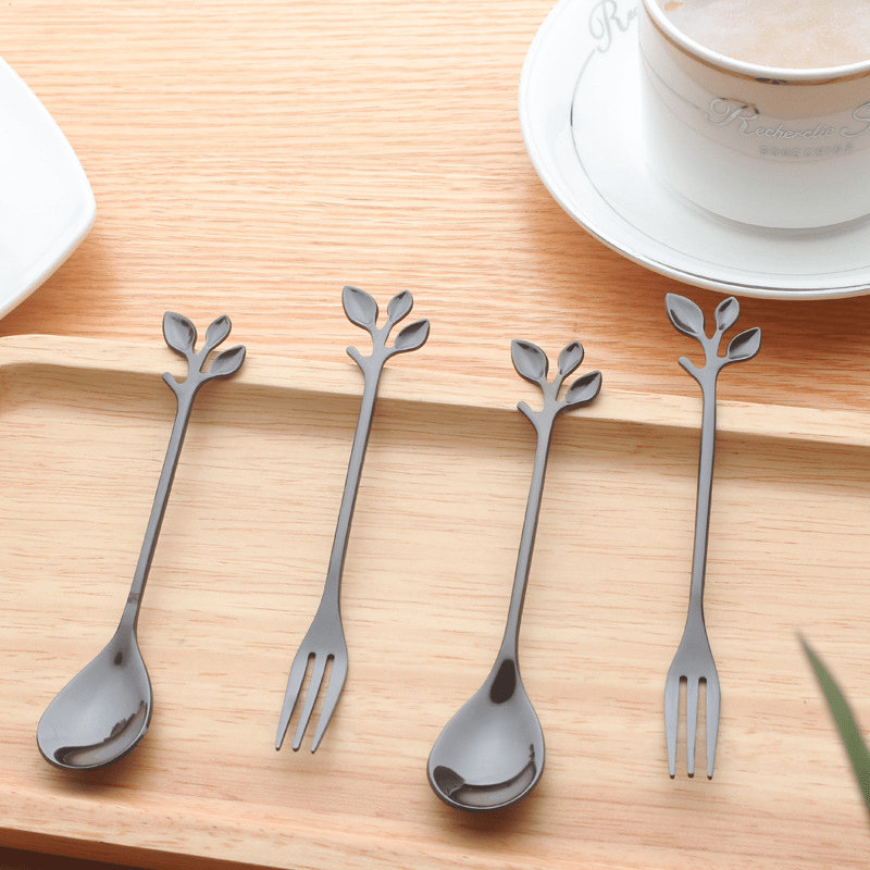 Elegant Stainless Steel Cutlery Set with Leaf Design Stirring Spoons, Honey Spoon, and Branch Handle Dessert Spoons - Durable and Stylish Utensils for Tea, Desserts, and Mixing Drinks