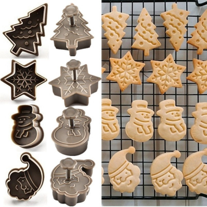 Set of 4 Festive Christmas Cookie Plunger Cutters - Create Cute Snowman, Snowflake, Christmas Tree, and Santa Claus Shaped Cookies with These Fun Baking Molds