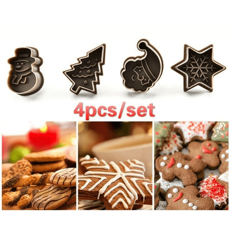 Set of 4 Festive Christmas Cookie Plunger Cutters - Create Cute Snowman, Snowflake, Christmas Tree, and Santa Claus Shaped Cookies with These Fun Baking Molds