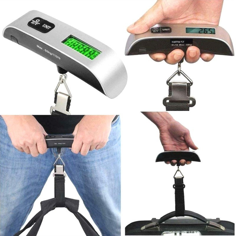 Portable electronic luggage scale with hook, suitable for parcels up to 50KG, ideal for fishing and lifting tasks.