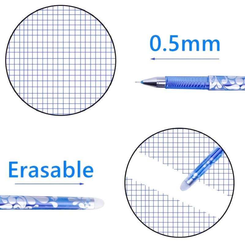 One pack of 0.5mm erasable gel pens with refills and erasers for office and school use.