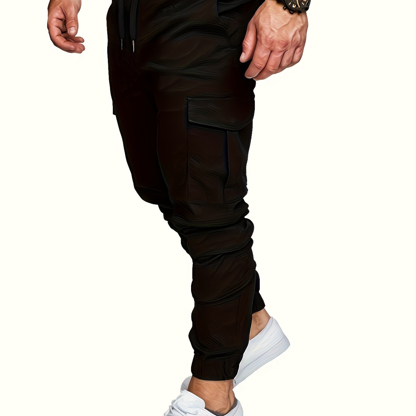 Men's casual cotton cargo pants with solid color, regular length, non-stretch fabric, drawstring waist, standard fit, and woven weave, suitable for all seasons.