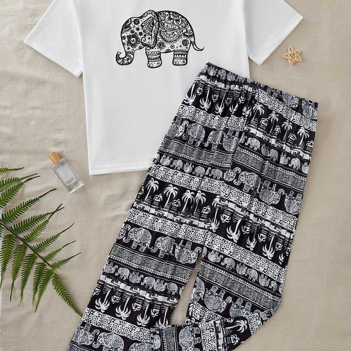 Elephant print top and long pants pajama set